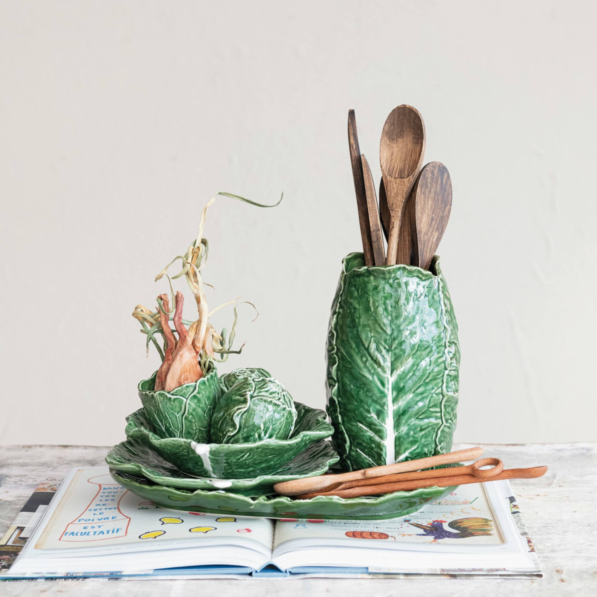 Hello Honey® 8.25" Green Hand Painted Embossed Stoneware Cabbage Vase